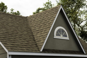 A residential roof with asphalt shingles.
