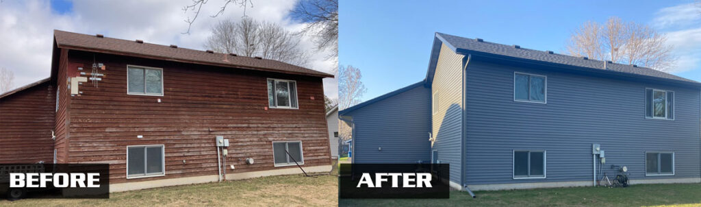 A graphic showing the back of the house BEFORE and AFTER an exterior transformation from Lutgen Companies.